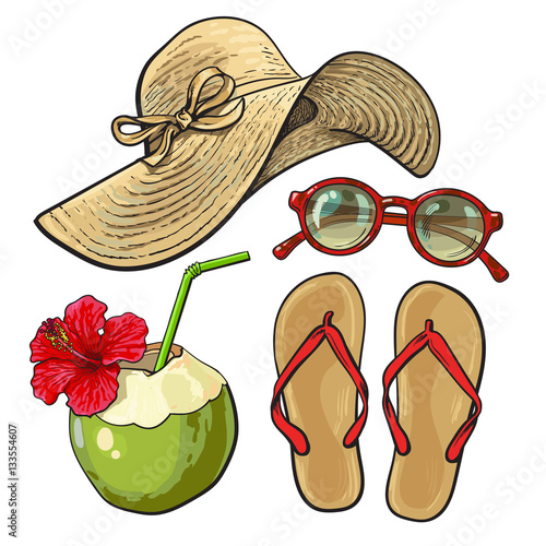 Set of summer time vacation attributes - straw hat, sunglasses, flip flops and coconut drink, sketch style vector illustration isolated on white background. Set of summer objects, symbols, elements