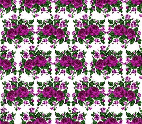 Seamless. Pattern. Color bouquet of flowers  roses and cornflowers   using traditional Ukrainian embroidery elements.Pink  violet and green tones. Can be used as pixel-art  card  emblem  icon.