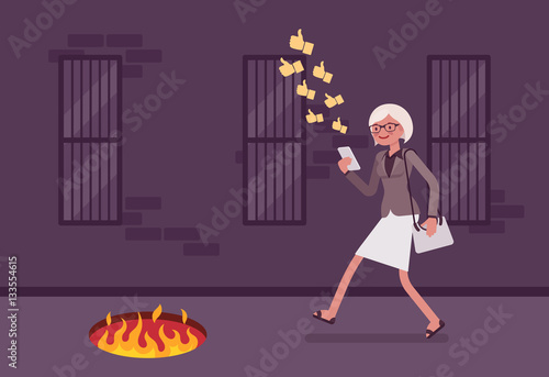 Young carefree woman walking with phone, fire pit in front