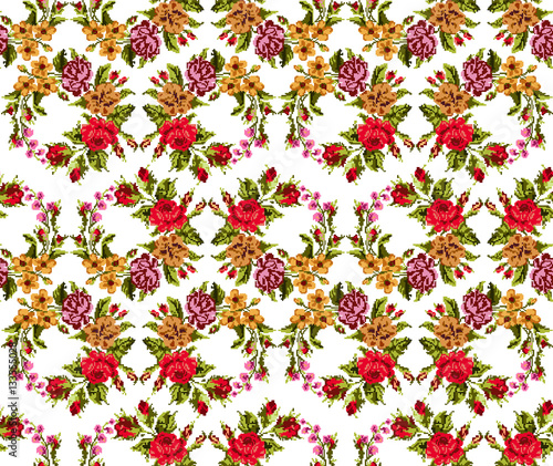 Wallpapers or textile. Color circle  bouquet of flowers  roses  chamomile and cornflowers  using Ukrainian embroidery elements.  Red  yellow  pink  green tones.Seamless. Can be used as pixel-art.