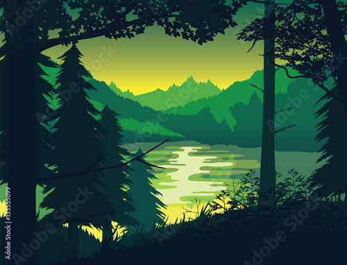 Background of landscape with river, forest and mountains.