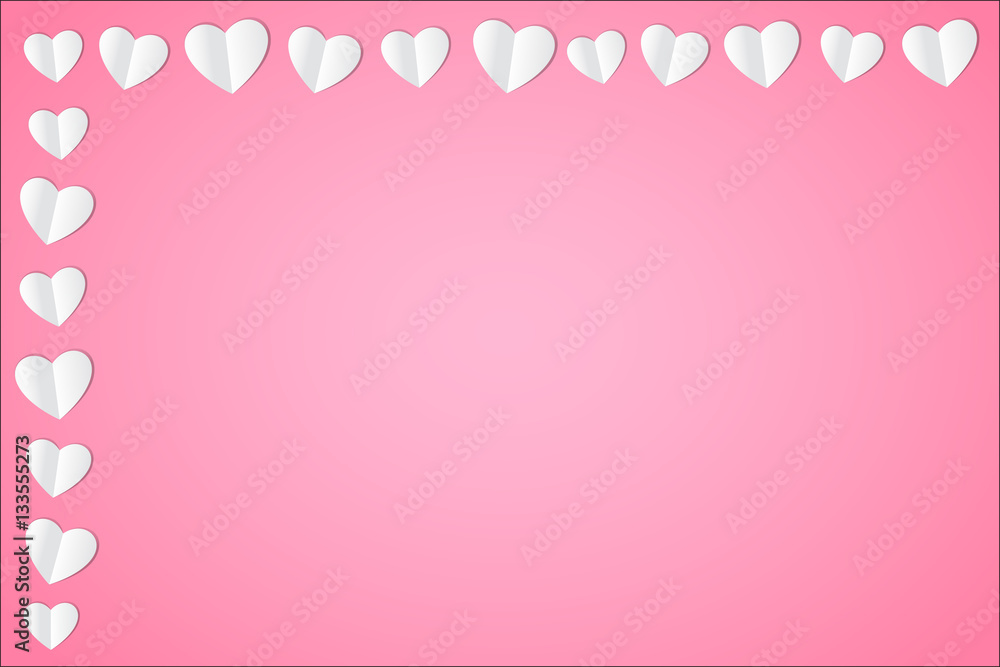 White paper hearts on pink background with copyspace. Vector.