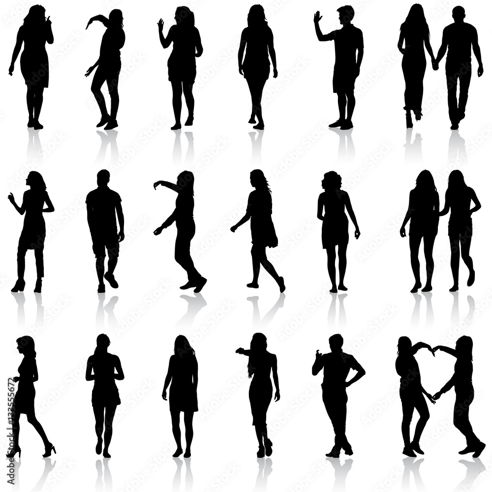 Black silhouettes of beautiful mans and womans on white backgrou Black silhouettes of beautiful mans and womans on white backgrou