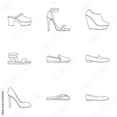 Shoes set icons in outline style. Big collection of shoes vector symbol stock illustration photo