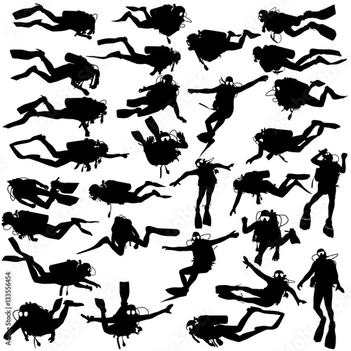 Set black silhouette scuba divers. Vector illustration