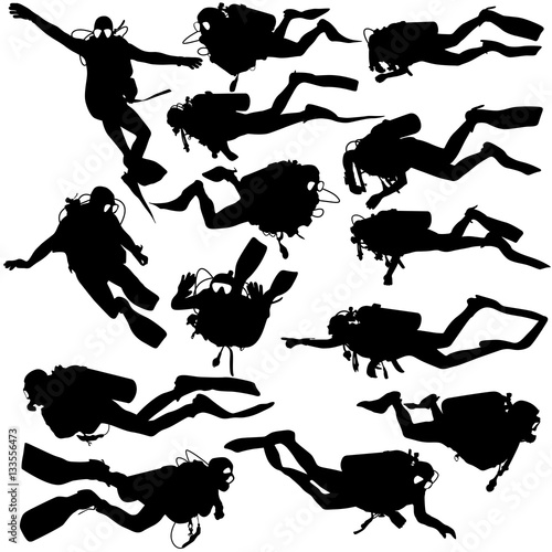 Set black silhouette scuba divers. Vector illustration
