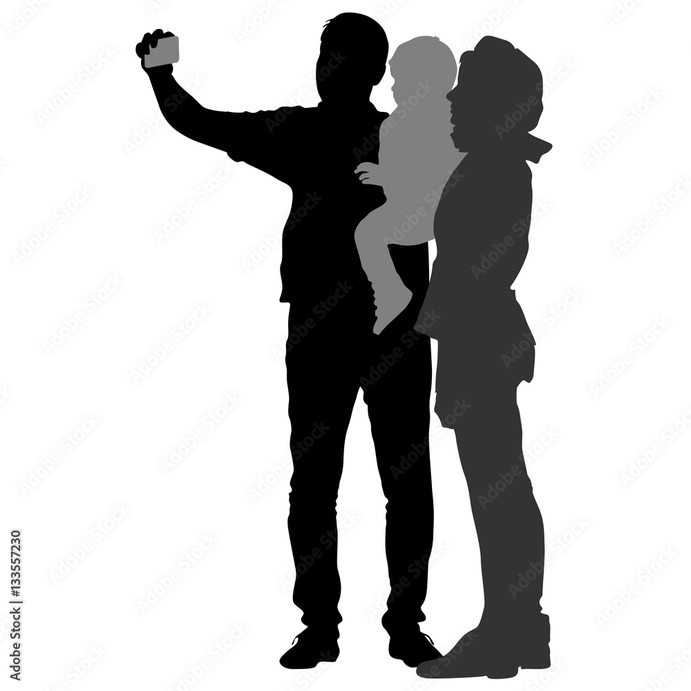 Silhouettes man and woman with a child, make selfie smartphone on white background. Vector illustration
