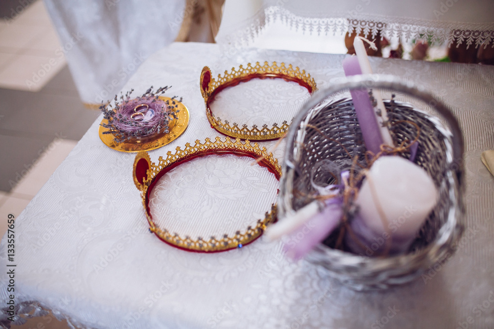 Fototapeta premium Bride's morning. Wedding accessories in lavender violet colors.