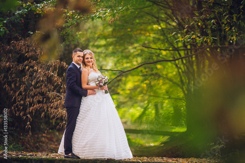 Bride and groom in a park kissing.couple newlyweds bride and groom at a wedding in nature green forest are kissing photo portrait.Wedding Couple