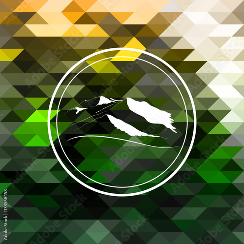 Logo design of mountains peak on the colorful triangles background. Green and yellow tones.