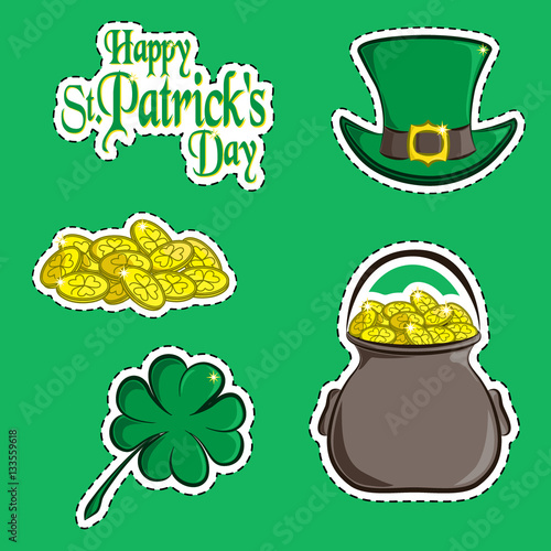 Vector set of design element and scrapbook object of St. Patrick's Day symbols. Greeting inscription, green hat, a handful of coins, clover quatrefoil and a pot of gold. Usable for your design