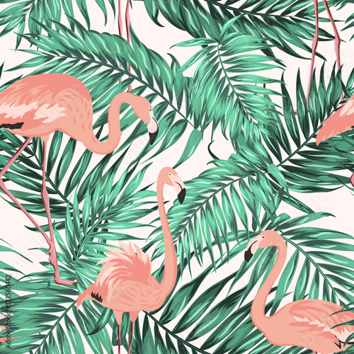 Turquoise green tropical jungle palm tree leaves. Pink exotic flamingo wading birds. Seamless pattern texture on white background.