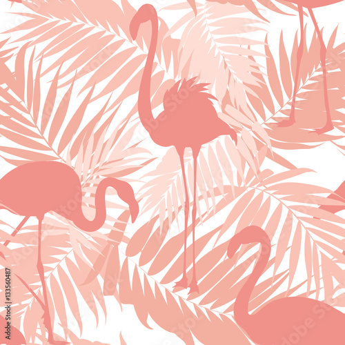 Tropical palm leaves and exotic flamingo birds seamless pattern. Pink sunset beach concept. Overlapping objects repeat ornament texture. Vector design illustration.