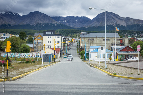Ushuaia, Argentina; Street in the center of Ushuaia with view of the mountains