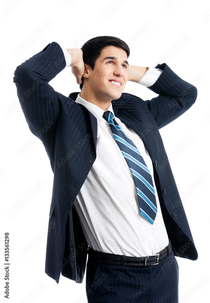 young businessman with hands up