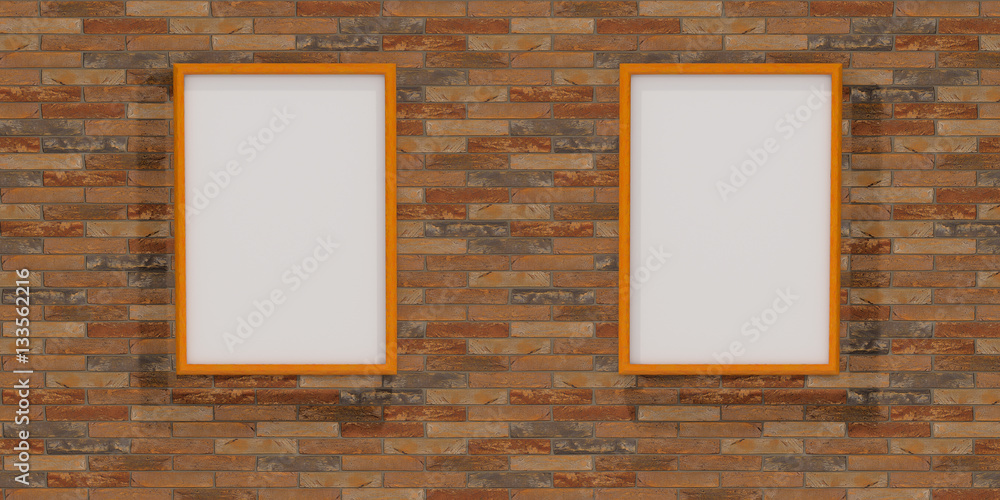Mock up interior. Bright brick wall with empty pictures. 3d rend Mock up interior. Bright brick wall with empty pictures. 3d rend