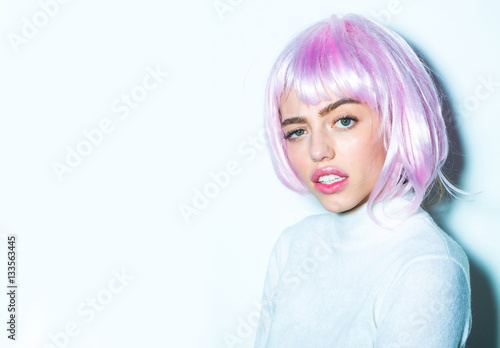 pretty girl in pink hair wig