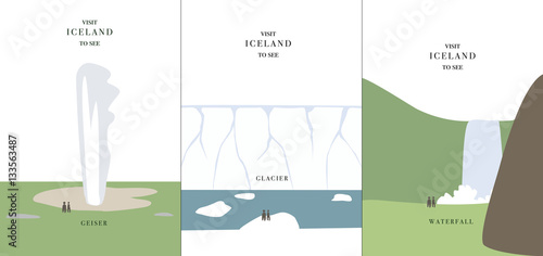 Geyser glacier waterfall simple cartoon design vector illustration Iceland invitation