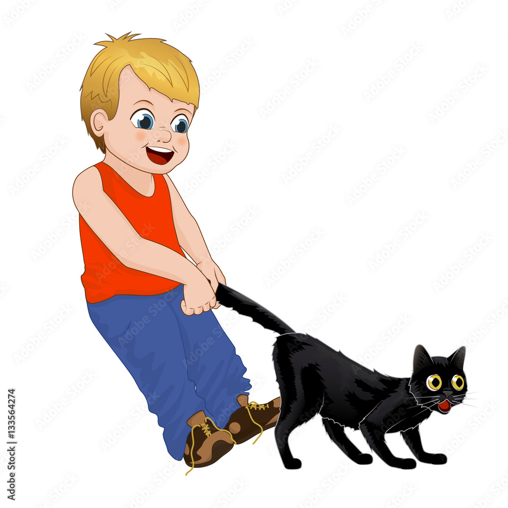 Children Play Outdoors, Hoodlum Cheerful Little Boy Pulls The Black Cats  Tail. Funny Cartoon Character. Isolated Vector Illustration Stock Vector |  Adobe Stock