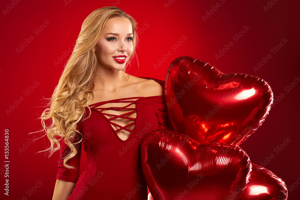 Beauty smile woman with balloon, Valentines day Beauty smile woman with balloon, Valentines day