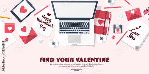 Flat background with paper, envelope. Love, hearts. Valentines day. Be my valentine. 14 february.Vector illustration.