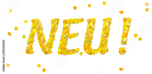 Neu! Schriftzug aus goldenen Papierschnipseln, Vektor