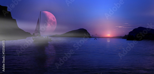 Piękny zachód słońca nad jeziorem, łódka z żaglem z księżyca.