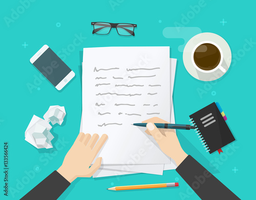 Writer story writing on paper sheet vector illustration, writing book letter flat cartoon person hands with pen on working table with text, workplace top view, desktop journalist author wokspace photo