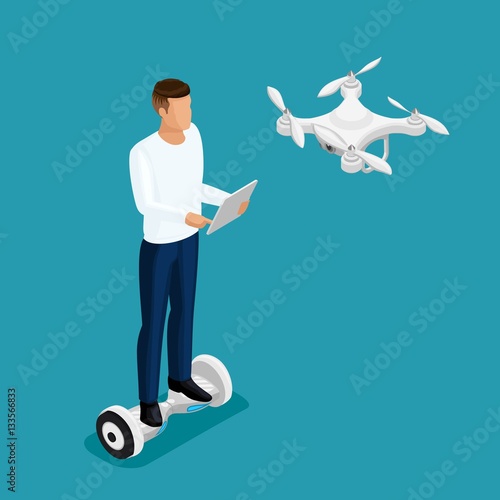 Isometric drone people, a man playing a game, quadrocopter 3D, fly on the radio. Drone camera for filming illustration