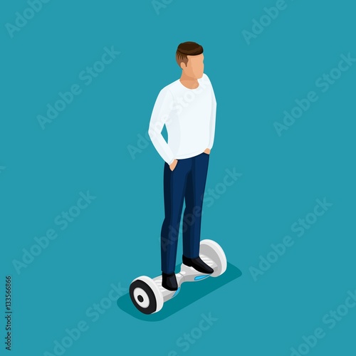 Isometric people, a man playing a game, 3D ride, ride control. GyroScooter on bright background. Vector illustration