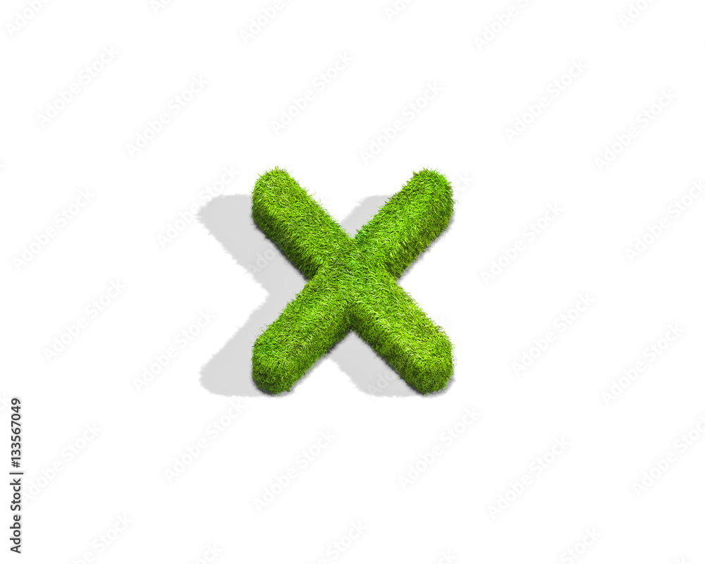 Obraz premium Grass letter X in lowercase format from top angle with shadow on ground.