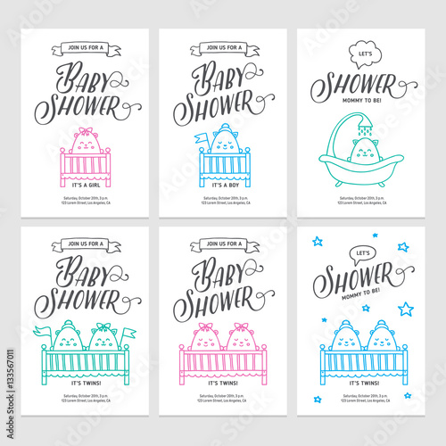 Baby shower invitations doodle collection. Vector vintage illustration.
