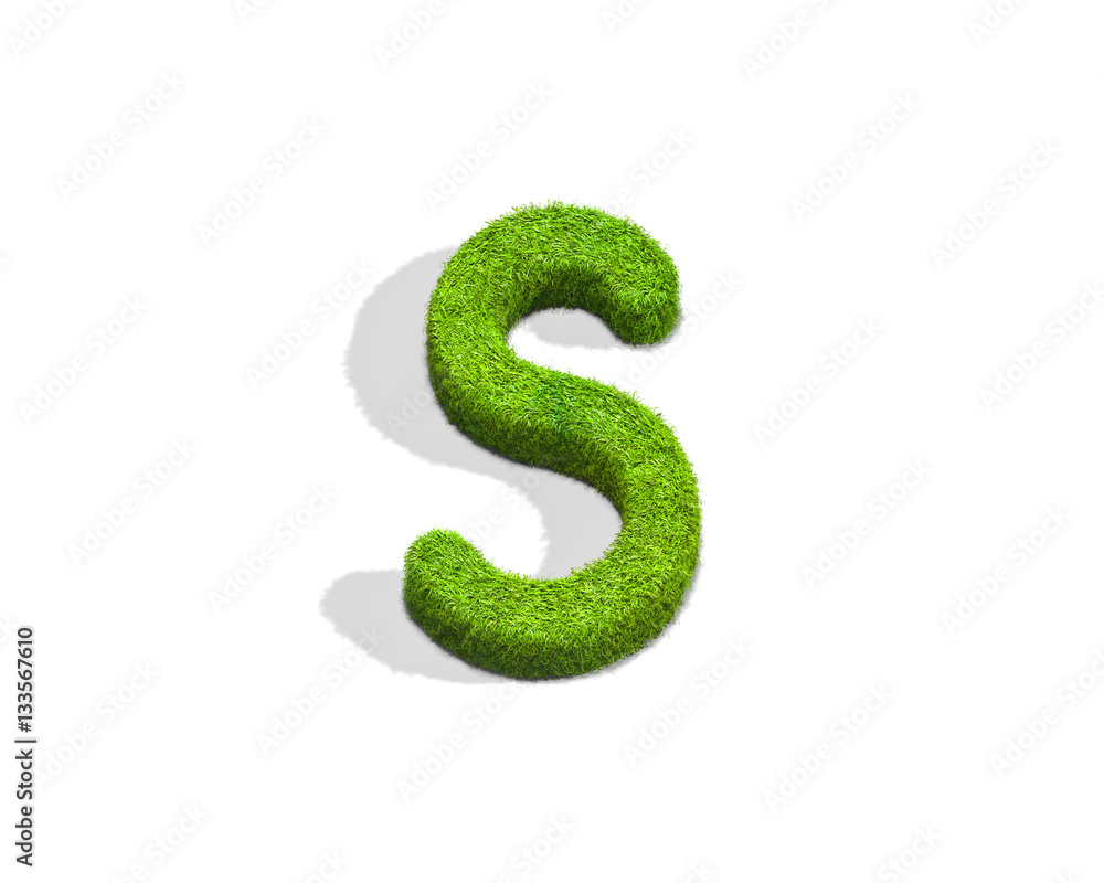 Grass letter S in uppercase format from top angle with shadow on ground. Grass letter S in uppercase format from top angle with shadow on ground.