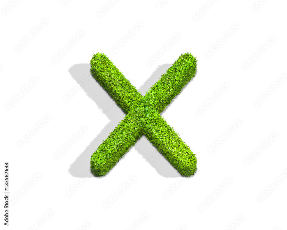 Grass letter X in uppercase format from top angle with shadow on ground.