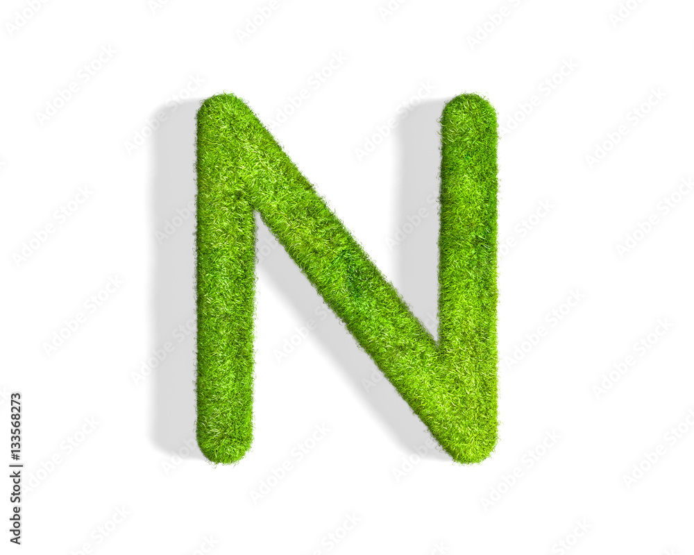 Grass letter N in uppercase format from top angle with shadow on ground. Grass letter N in uppercase format from top angle with shadow on ground.
