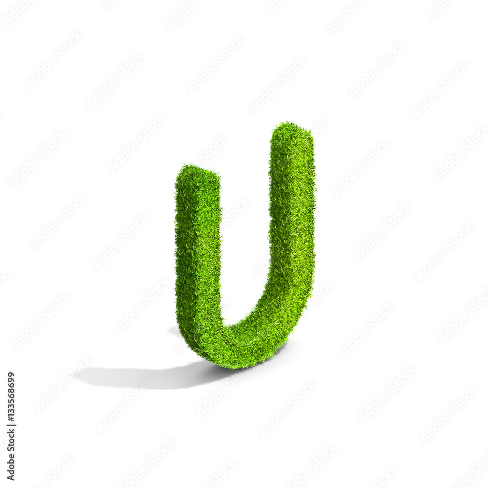 Grass letter U in uppercase format from isometric angle with shadow on ground. Grass letter U in uppercase format from isometric angle with shadow on ground.