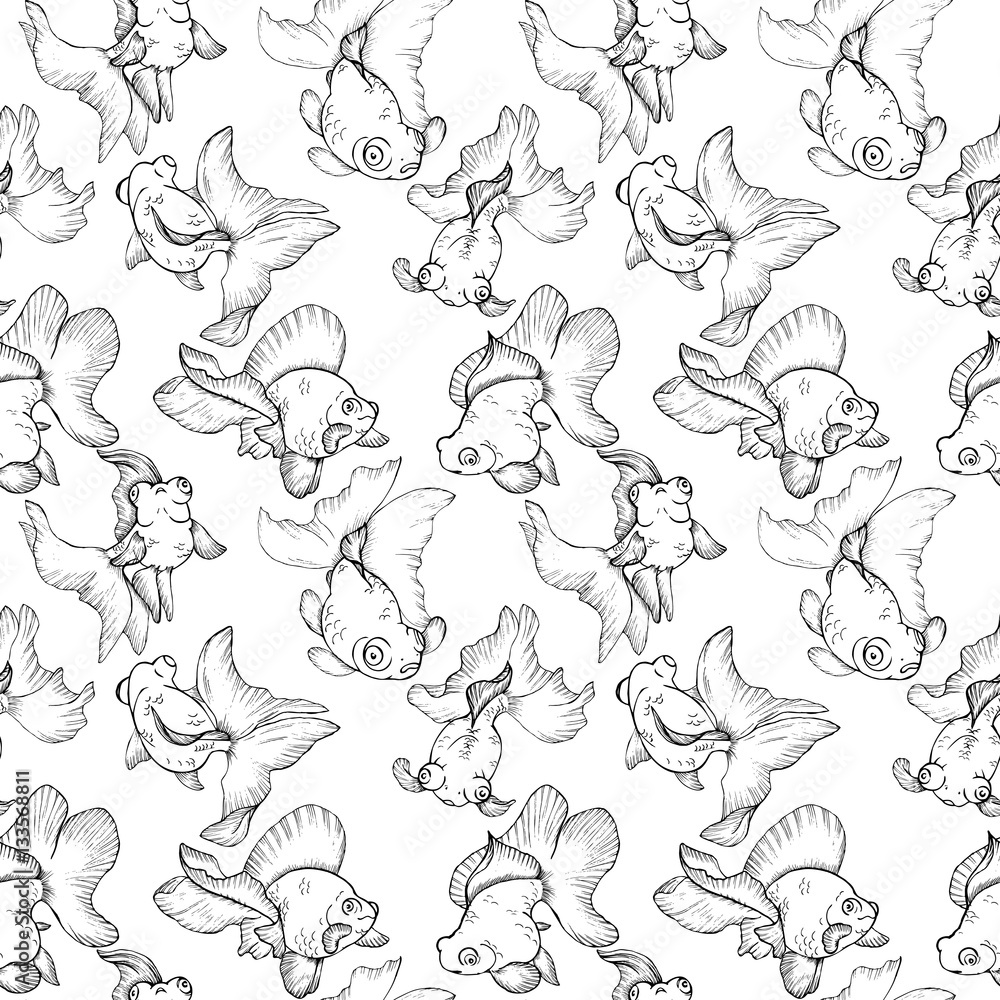 goldfish, black and white seamless pattern goldfish, black and white seamless pattern