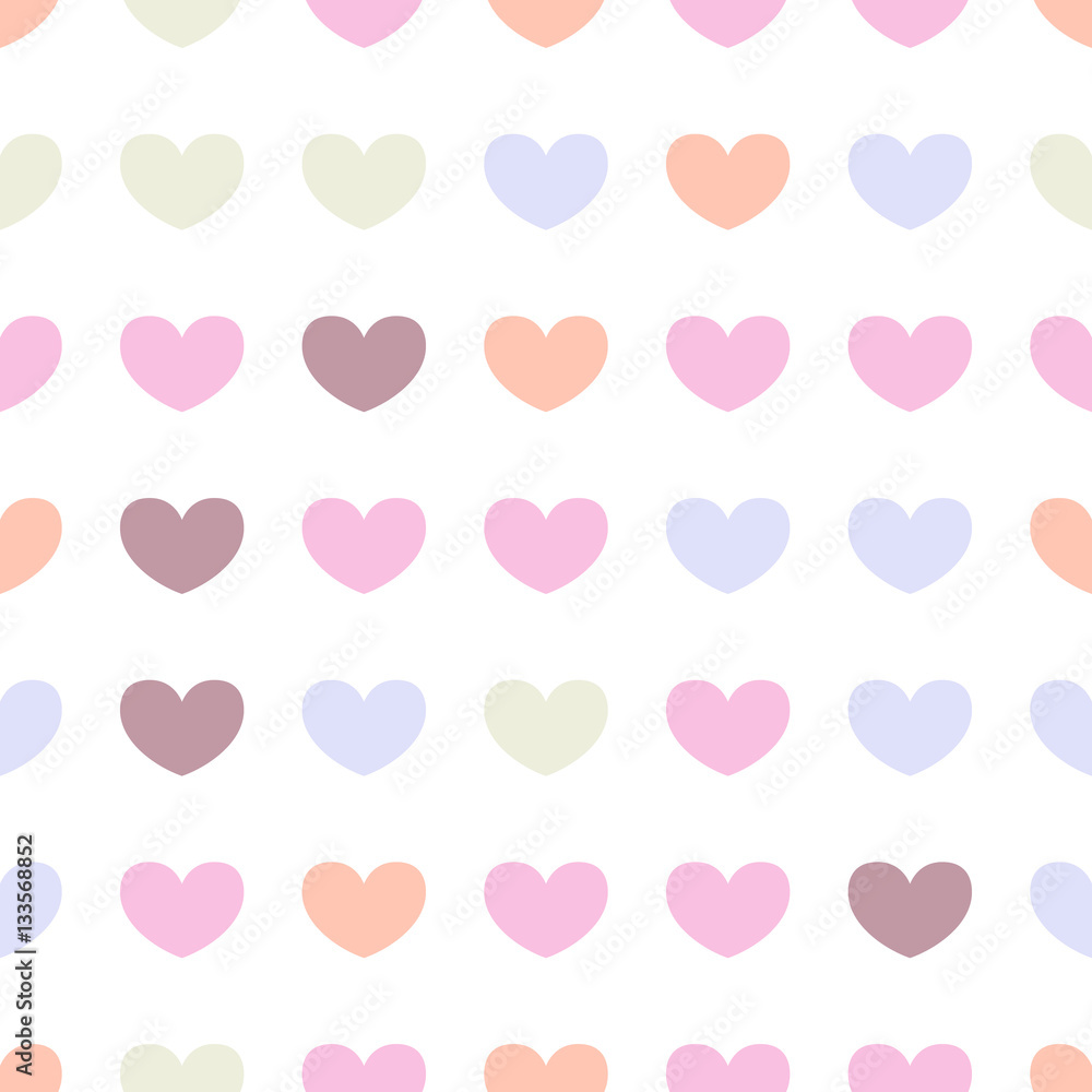 Seamless pattern with colored hearts on a white background.