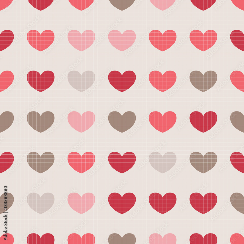 Seamless pattern with colorful hearts on beige background.
