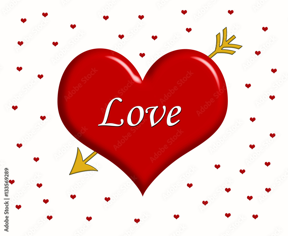 Word Love written on the big red heart with golden arrow and little red