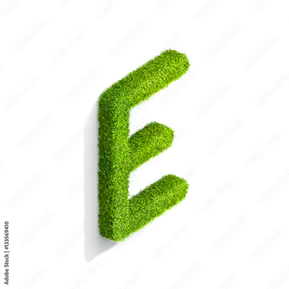 Grass letter E in uppercase format from isometric angle with shadow on ground. Grass letter E in uppercase format from isometric angle with shadow on ground.