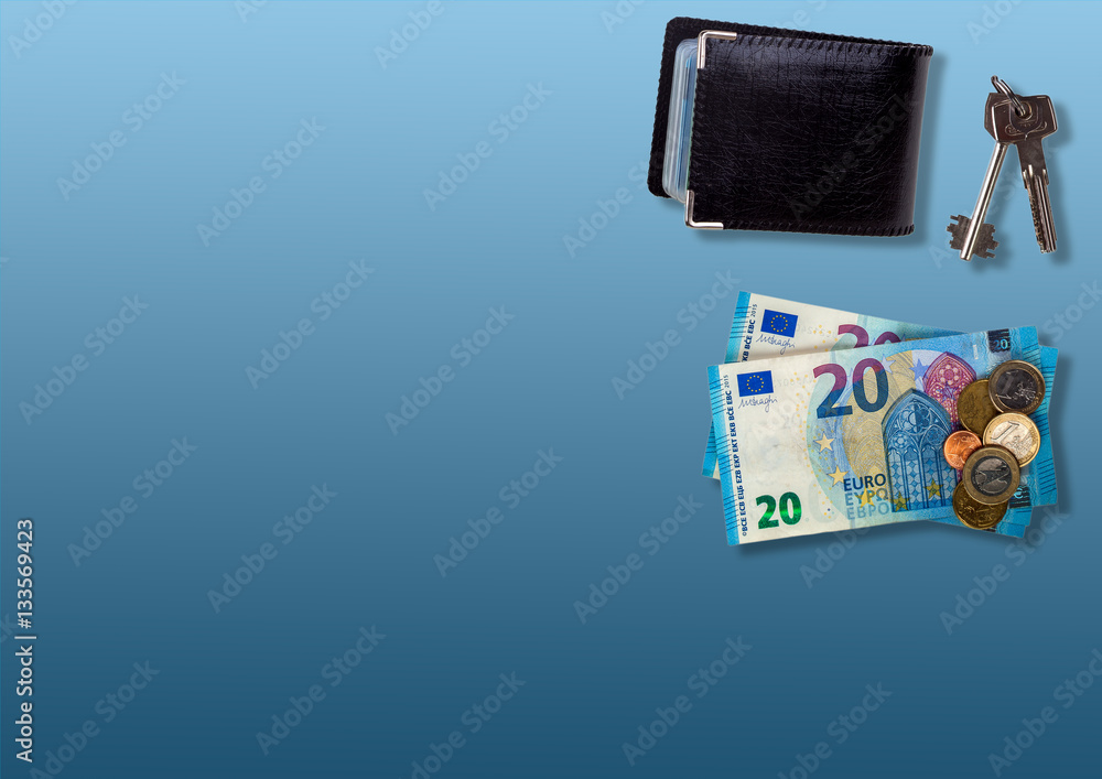 Gradient blue texture with cardholder, money and keys in the corner. Gradient blue texture with cardholder, money and keys in the corner.