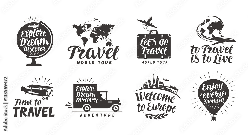 Travel set icons. Handwritten lettering. Label vector illustration