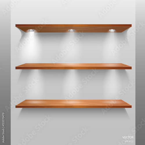 Vector Empty Wooden Shelves Isolated on Wall Background