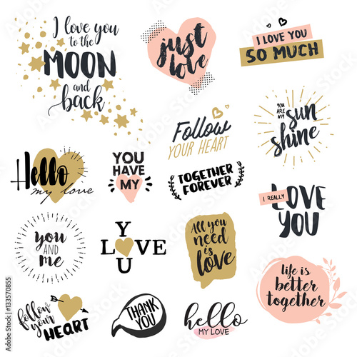 Valentine day signs collection. Hand drawn vector illustrations for greeting cards, love messages, social media, networking, web design.