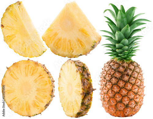set of pineapple slices isolated on the white background