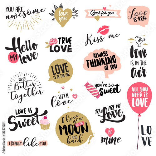 Set of Valentine day stickers and badges. Hand drawn vector illustrations for greeting cards, love messages, social media, networking, web design.