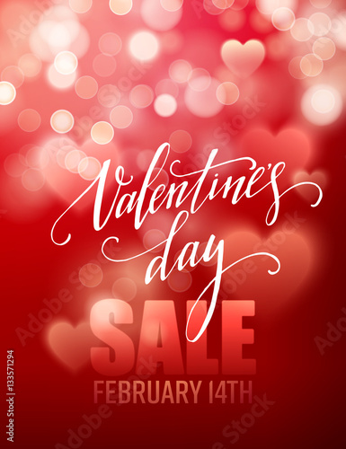Valentines day sale, poster template on abstract background with hearts and bokeh circles. Vector illustration