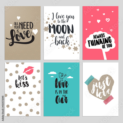 Set of Valentine day greeting cards. Flat design vector illustrations for love messages, social media banners and covers, website badges and banners, printed material.