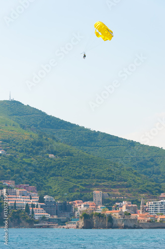 Parasailing in Budva, Montenegro. Summer water attraction at Med